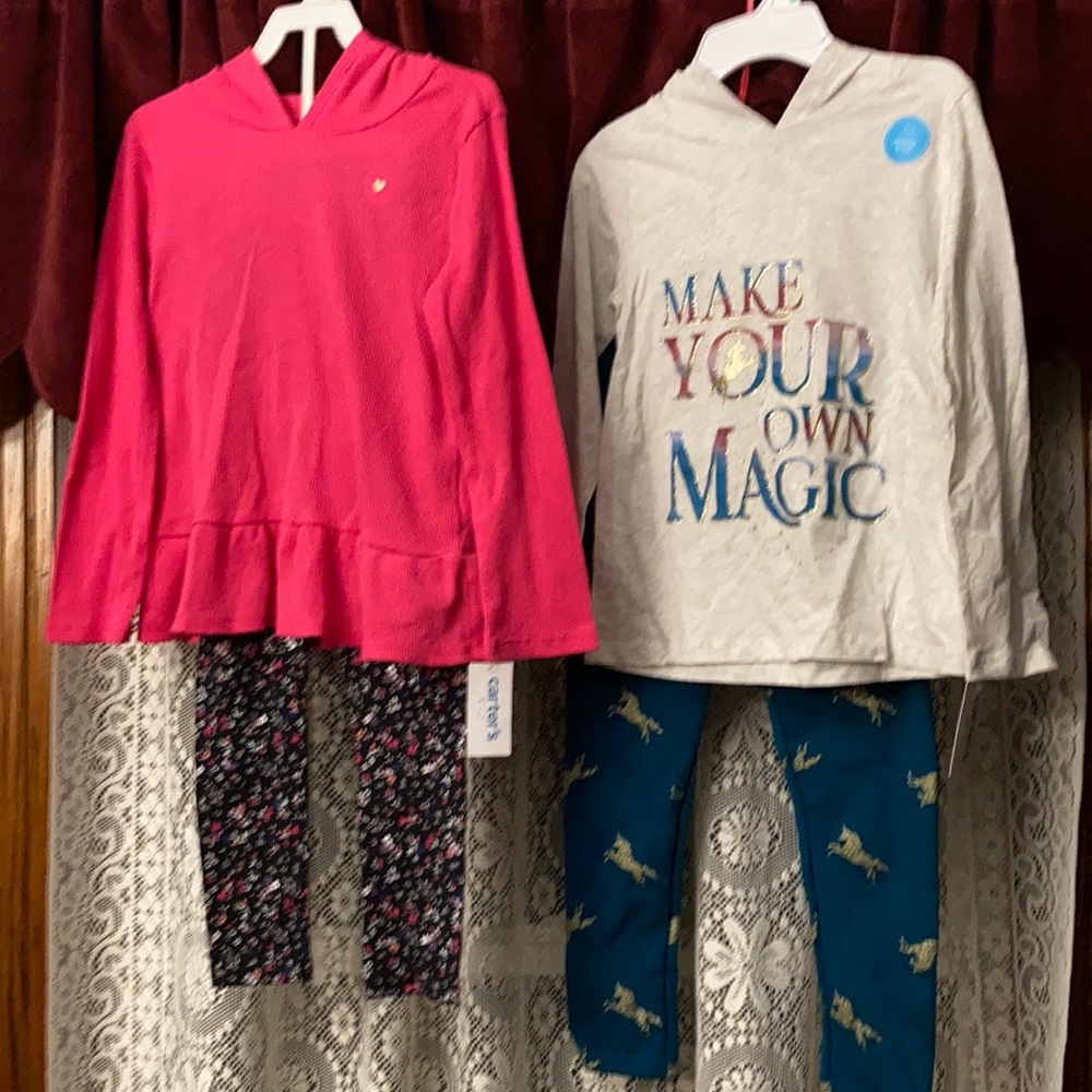 Girl’s size 8 Carter’s outfits. 2prs of leggings & 2 matching hoodies - all NWT!